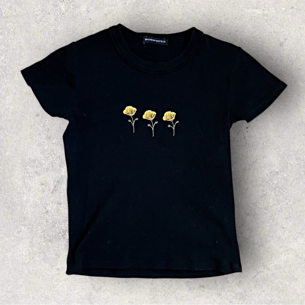 Brandy Melville Black Fitted Tee with Embroidered Yellow Flowers